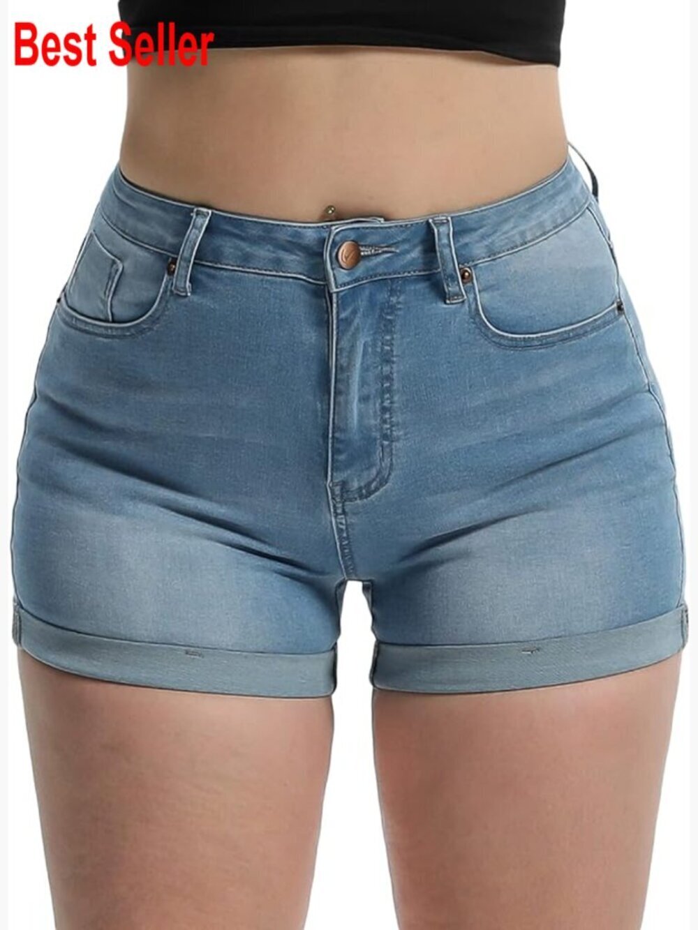 High Waisted Denim Shorts with Folded Hem, Stretchy Cotton Blend